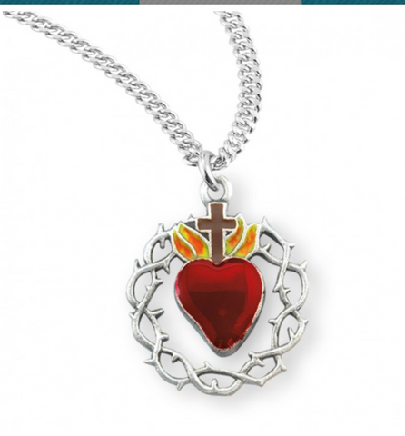 Sacred Heart Of Jesus With Crown of Thorns Sterling Silver Medal