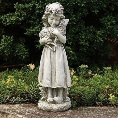 Little Girl Holding Lamb Garden Statue