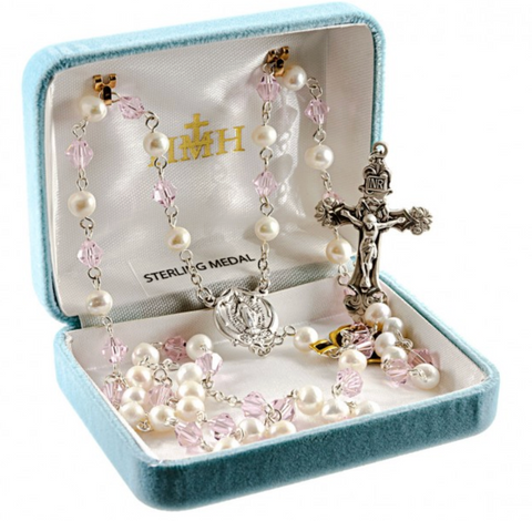 Madonna Fresh Water Pearl And Pink Bicone Bead Rosary