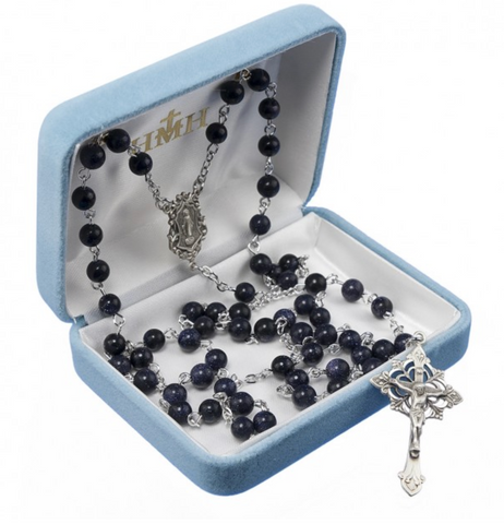 Sterling Silver Round Genuine Blue Gold Sand Rosary