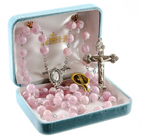 Sterling SIlver Miraculous Medal Pink Venetian Glass Flower Catholic Rosary