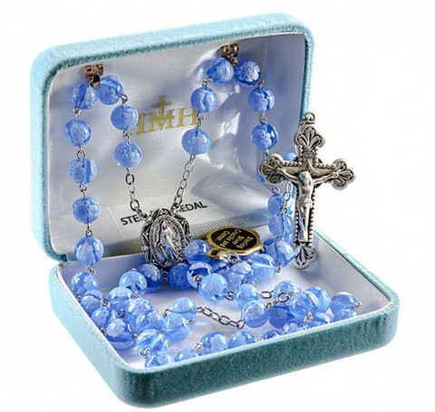 Sterling SIlver Miraculous Medal Blue Venetian Glass Flower Catholic Rosary