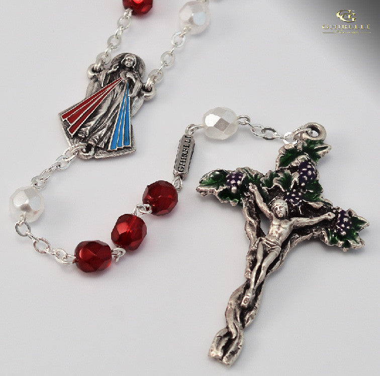 Divine Mercy Of Jesus Silver Plated Rosary With Bohemian Faceted Glass Beads By Ghirelli