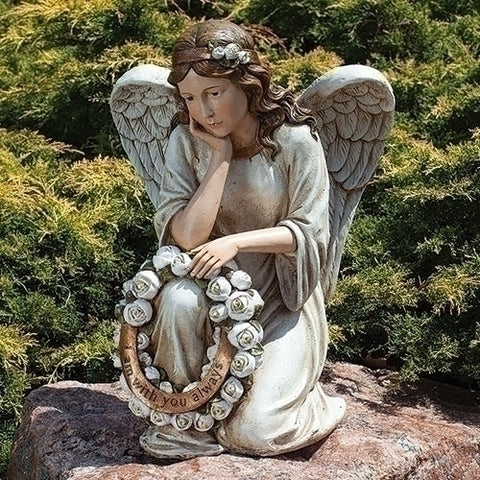 Memorial Angel Statue With Flower Wreath - I Am With You Always
