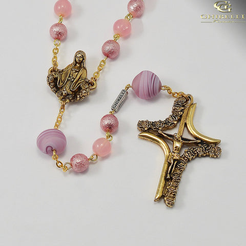 Madonna With Roses Genuine Murano and Antique Gold Rosary  By Ghirelli