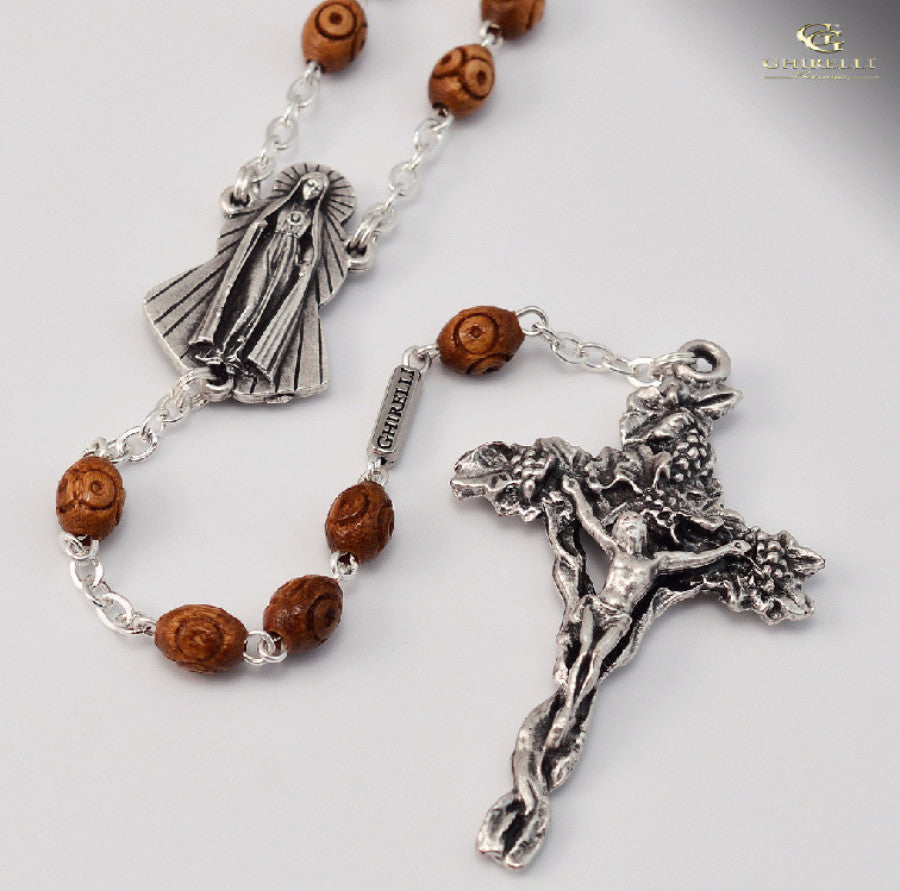 Fatima Silver Plated Rosary With Wooden Beads  By Ghirelli
