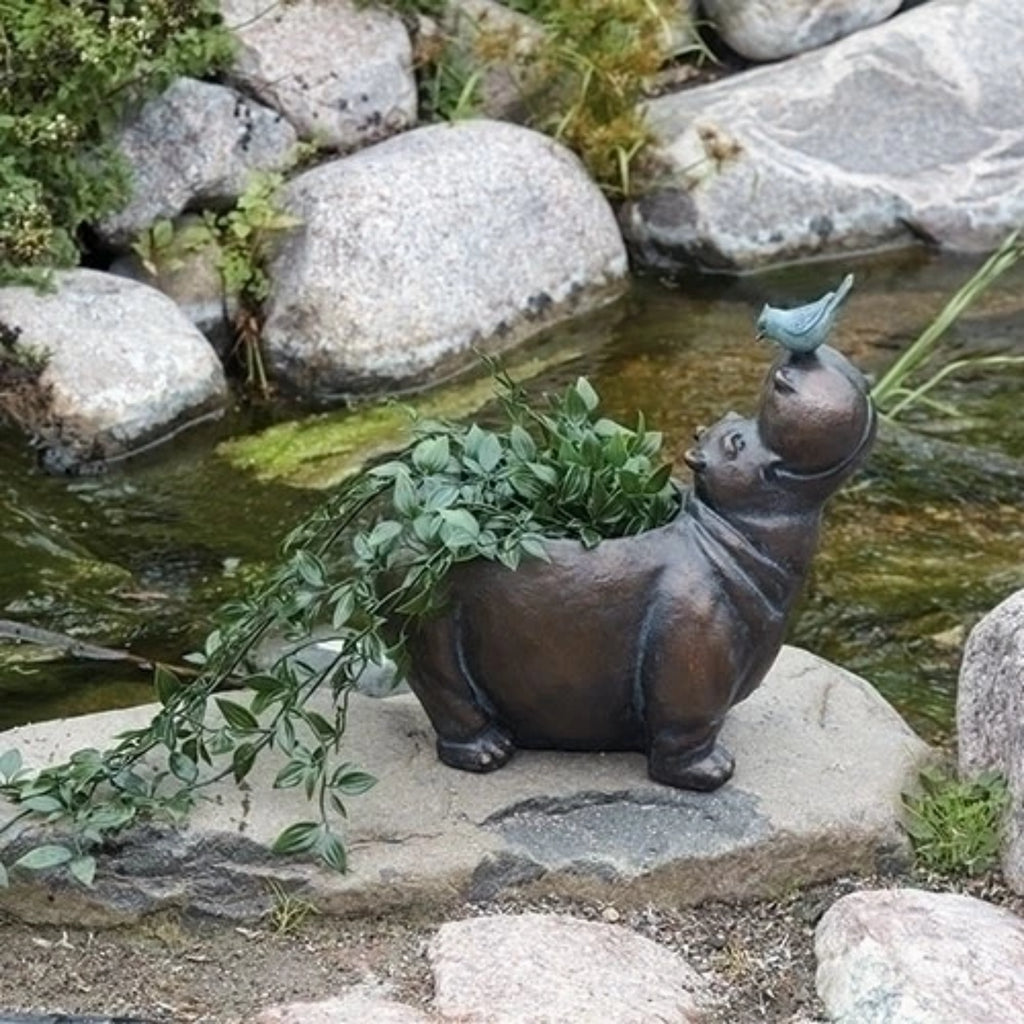 Hippo With Little Bird Garden Planter