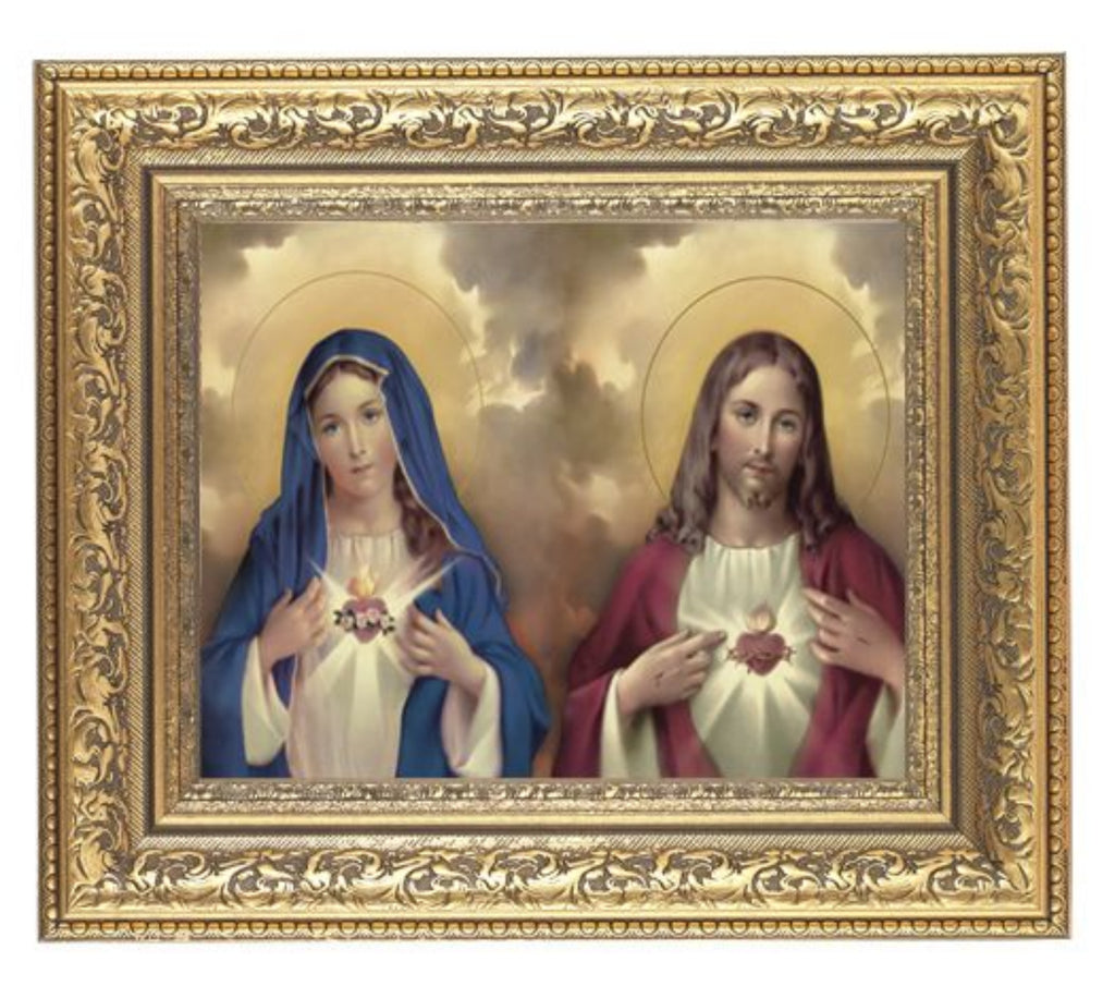 Twin Hearts in gold leaf frame. Sacred Heart of Jesus and Immaculate Heart of Mary