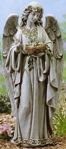 Guardian Angel With Flowers Holding Birds Nest 24" Tall Garden Or Patio