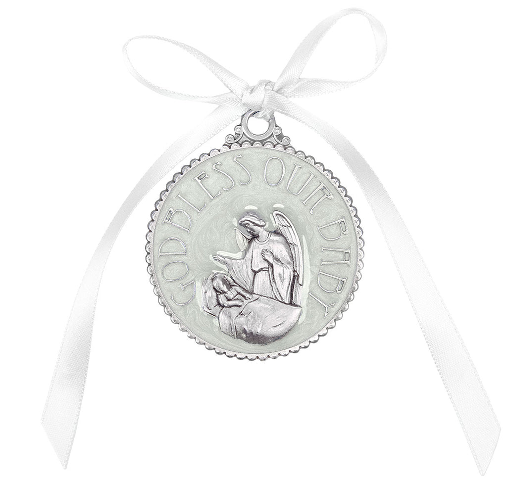 Guadian Angel With Baby White Crib Medal