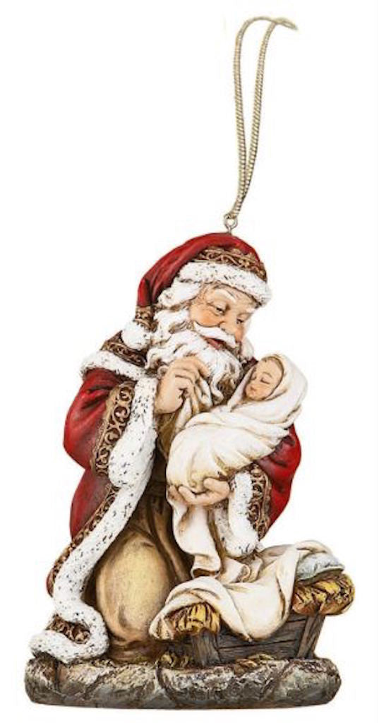 Adoring Santa With Baby Jesus Christmas Ornament Set of 2