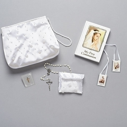 First Communion Girls White Beaded Purse and Rosary Set