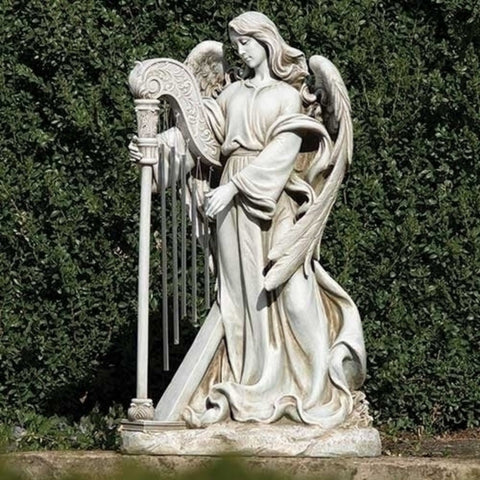 Angel With Harp Memorial Statue For Garden Or Grave 33 Inch Tall