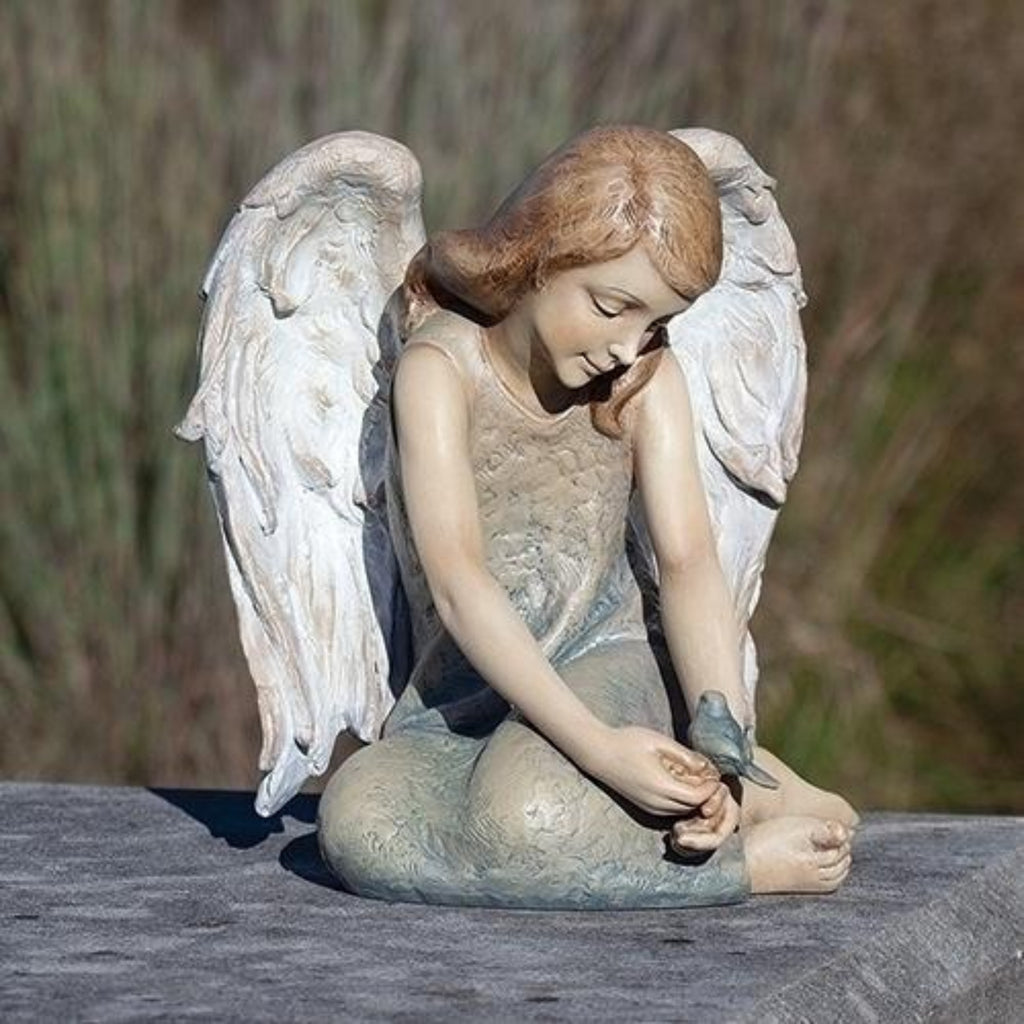 Peaceful Angel With Blue Bird Garden Memorial Statue