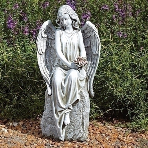 Seated Angel Holding Flowers Garden Or Gravesite Memorial Statue