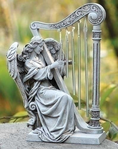 Angel With Harp Figure For Garden Patio Or Home