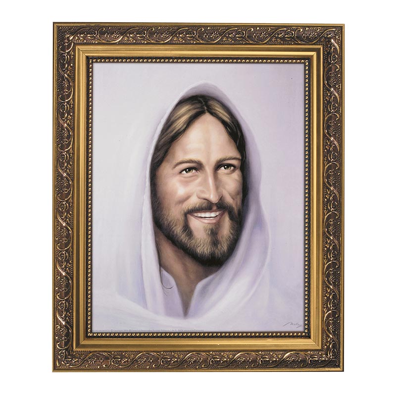 Smiling Jesus Christ Print In Ornate Gold Frame With Glass