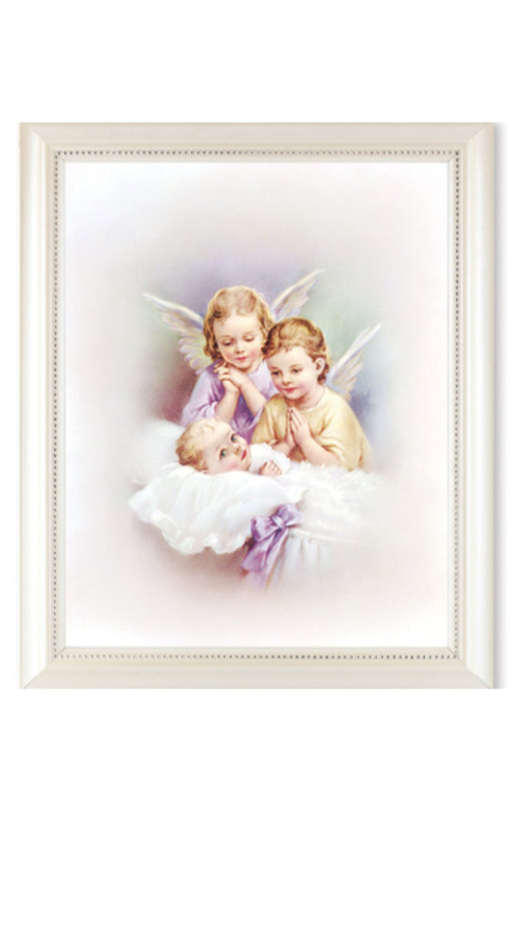 Guardian angels watching over baby print in pearl white frame