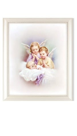 Guardian Angels Watching Over Baby Print In Pearl Frame With Glass