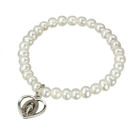 Freshwater Pearl Sterling Silver Heart First Communion Or Baptism Stretch Bracelet