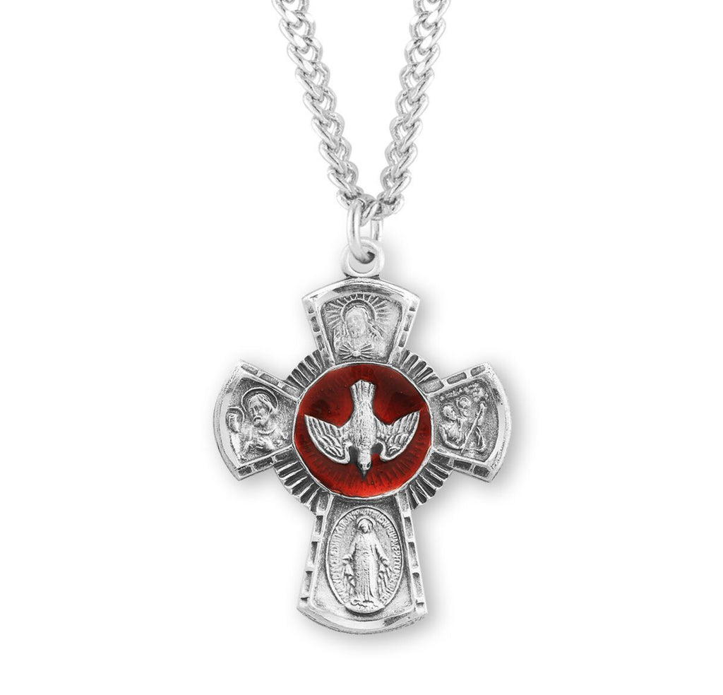 Sterling Silver Red Enameled 4-Way Medal On Chain