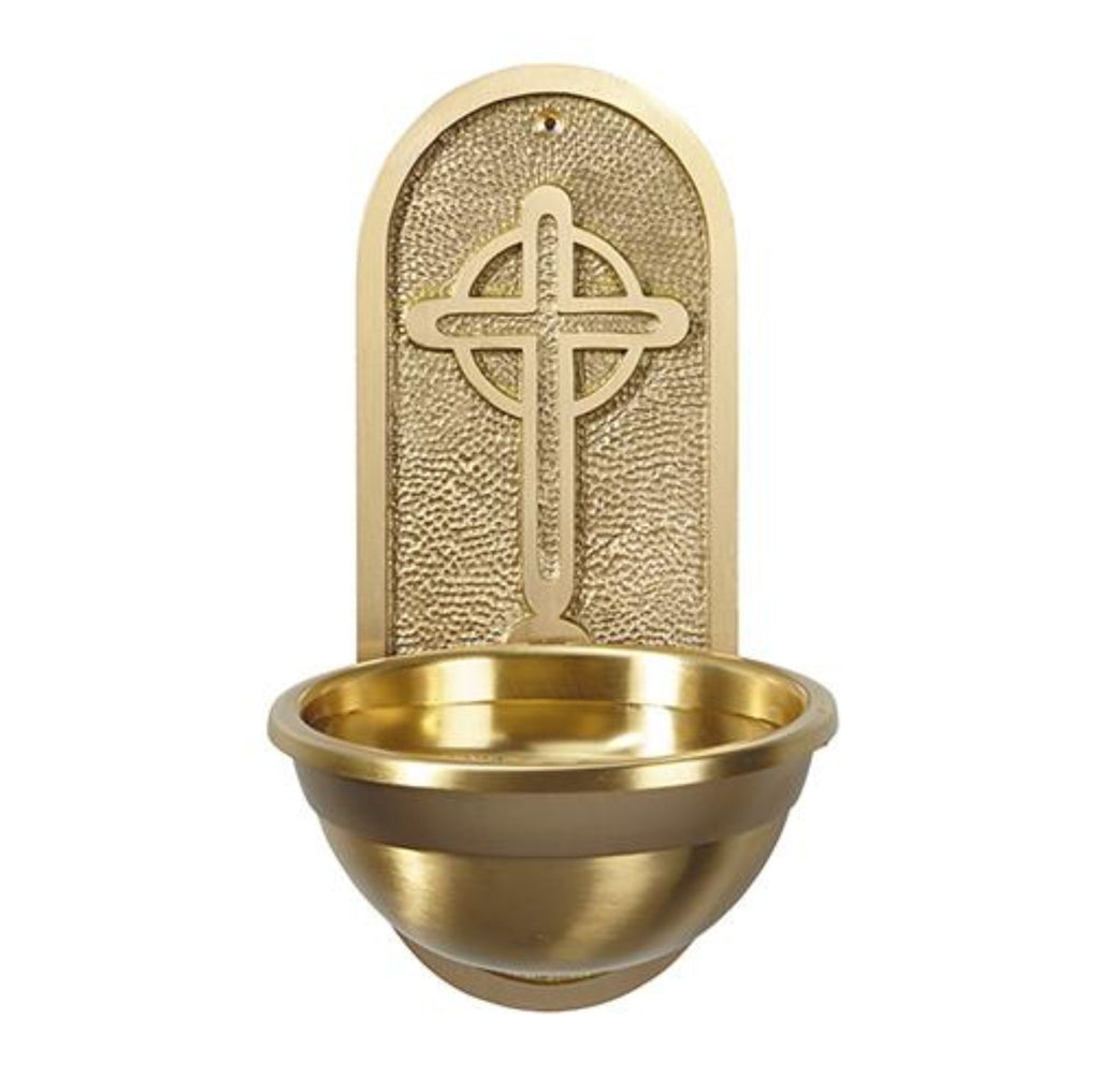 Brass cross church holy water font