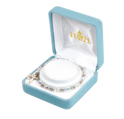 Swarovski Crystal Aurora Oval Bead Miraculous Medal Sterling Silver Rosary Bracelet