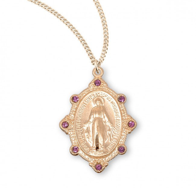 Pink Austrian Crystal Miraculous Medal in Sterling Silver with Gold Overlay