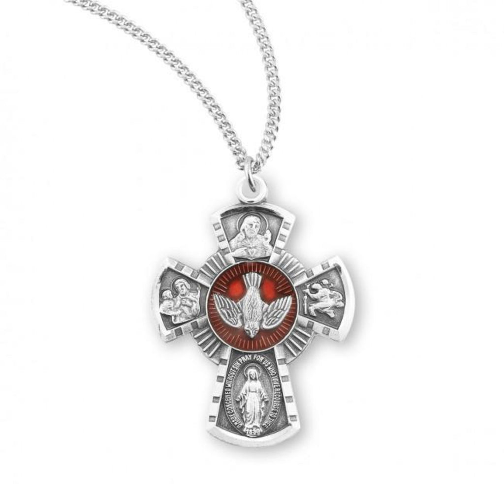 Holy Spirit Sterling Silver Red Enameled 4 Way Cross 