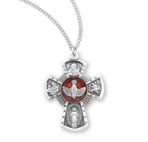 Holy Spirit Sterling Silver Red Enameled 4 Way Cross