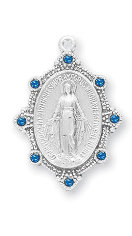 Sterling Silver Oval Madonna Miraculous Medal With Sapphire Austrian Crystals