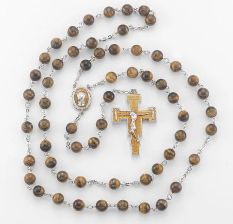 San Damiano Tiger Eye New England Pewter Rosary
