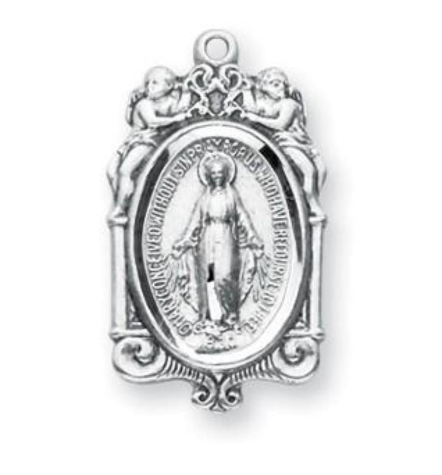 Sterling silver Miraculous Medal with cherubs on chain