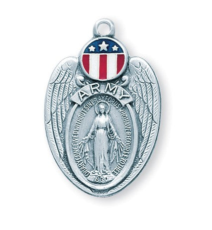 Sterling Silver Army Miraculous Medal With Wings On Chain
