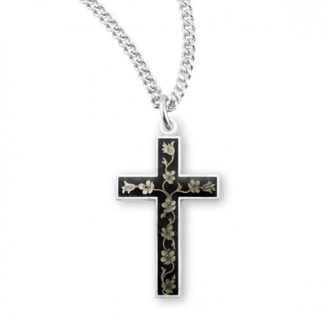 Black Flora Enameled Sterling Silver Cross