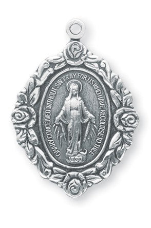 Madonna Sterling Silver  Miraculous Medal On Chain 1-1/4"