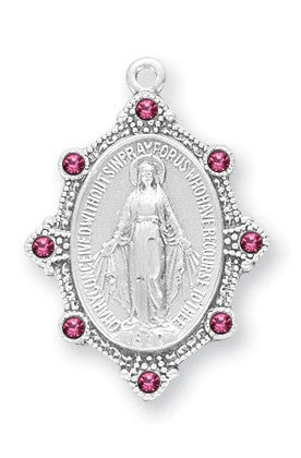Sterling Silver Oval Madonna Miraculous Medal With Pink Austrian Crystals