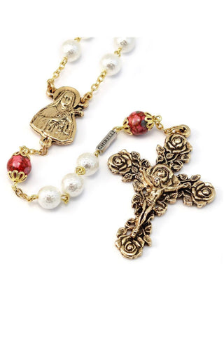 Saint Therese of Lisieux Pearl & Gold Rosary By Ghirelli