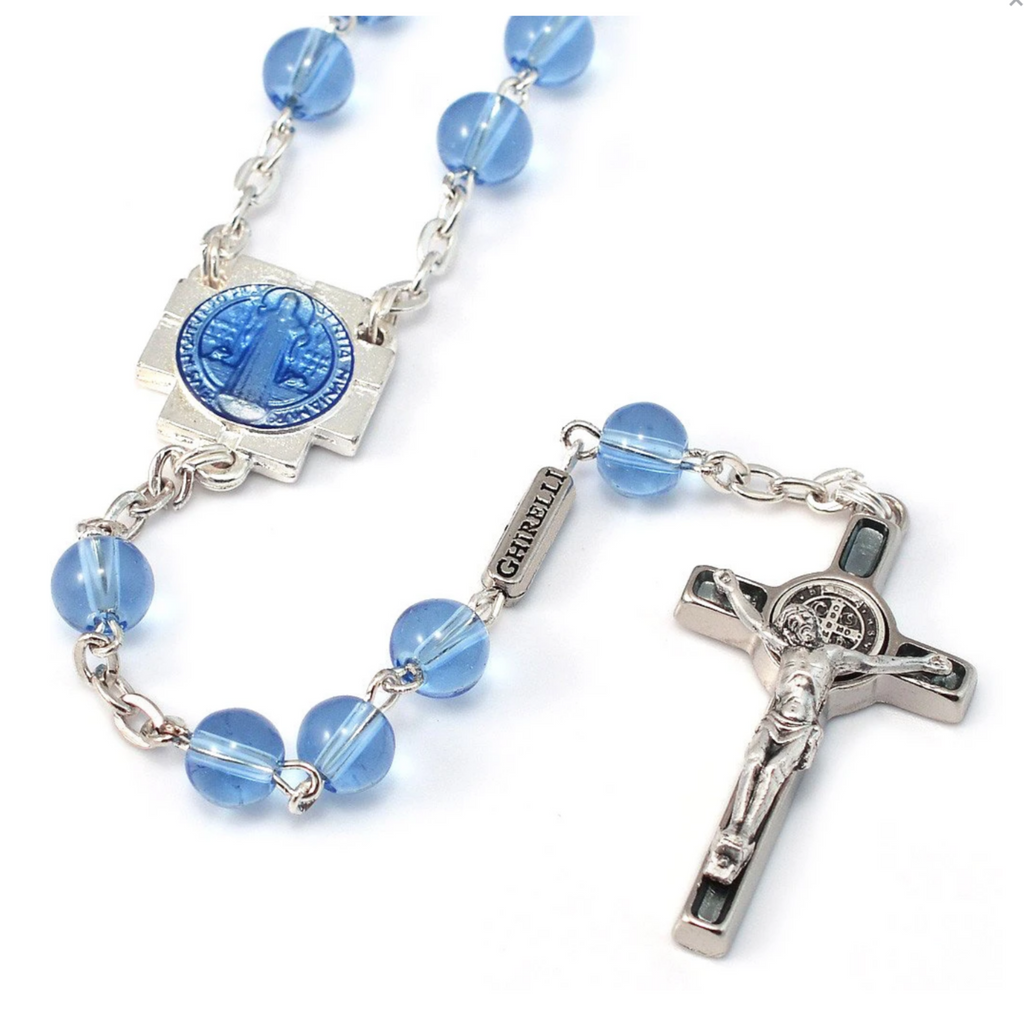 Saint Benedict Blue Enamel & Silver Rosary By Ghirelli