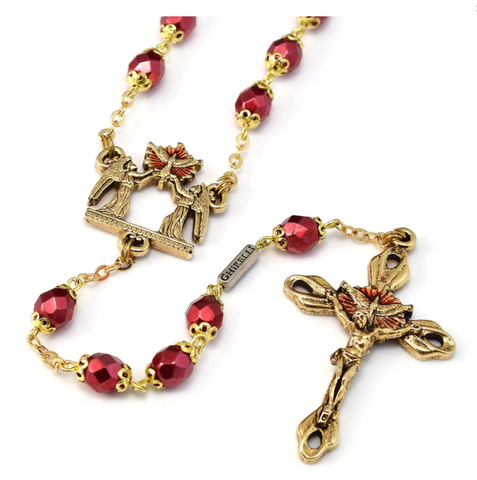 Holy Spirit Faceted Red Glass and Gold Rosary By Ghirelli