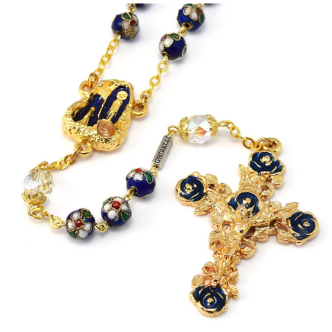 Lourdes Grotto Cloisonne Floral & Gold Rosary By Ghirelli