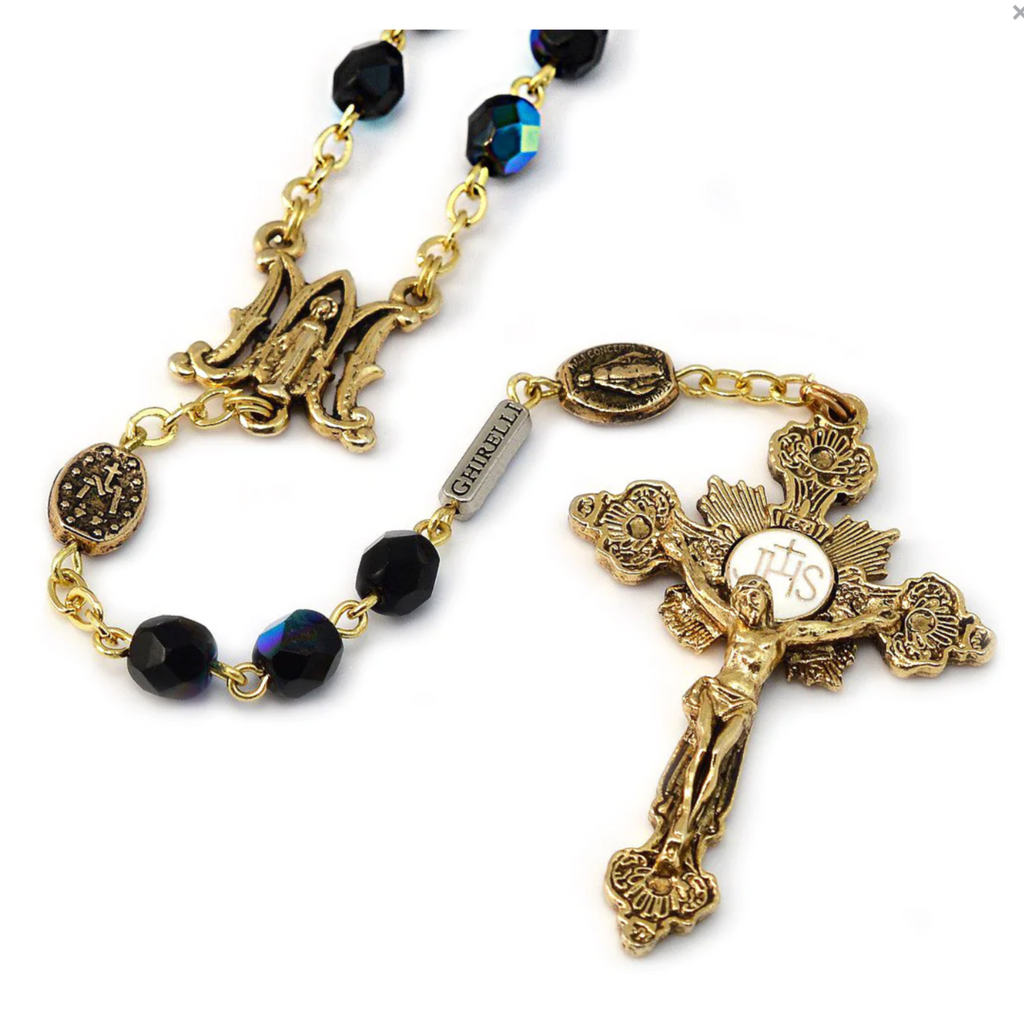 Miraculous Medal Blue Aurora Borealis Crystal & Gold Rosary
