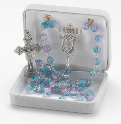 Aqua and Pink Crackle Glass Bead New England Pewter Rosary