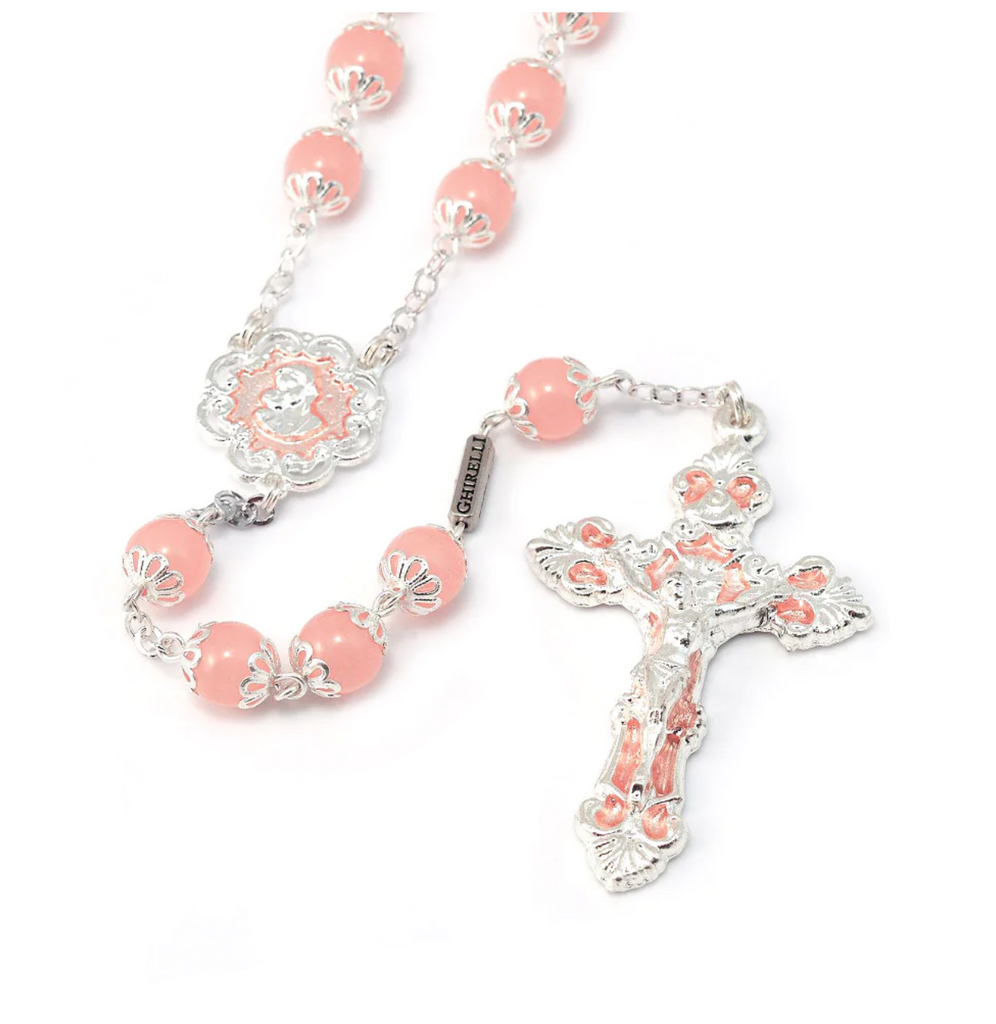 Mary's Motherly Love Collection Blush & Silver Rosary - 8mm By Ghirelli
