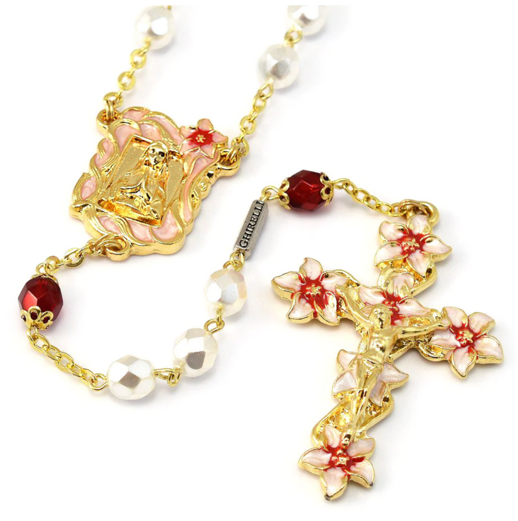 Lourdes Lily Faceted Blush, Red & Enameled Rosary By Ghirelli