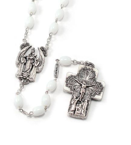 The Holy Mass Rosary with Oval Glass White Beads by Ghirelli