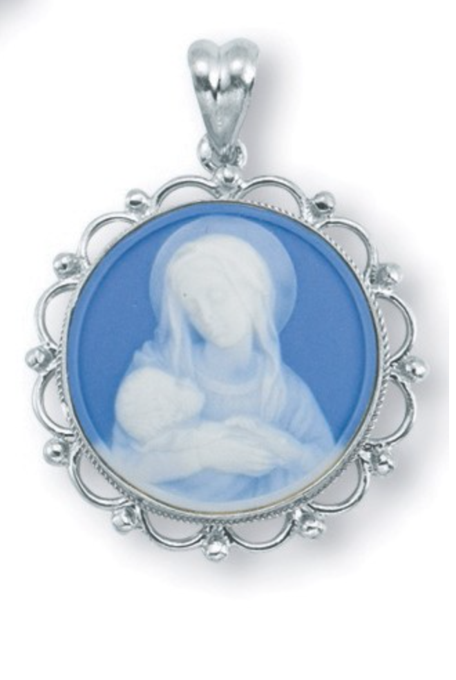 Sterling Silver Light Blue Madonna and Child JesusMedal Capodimonte Porcelain Made In Italy