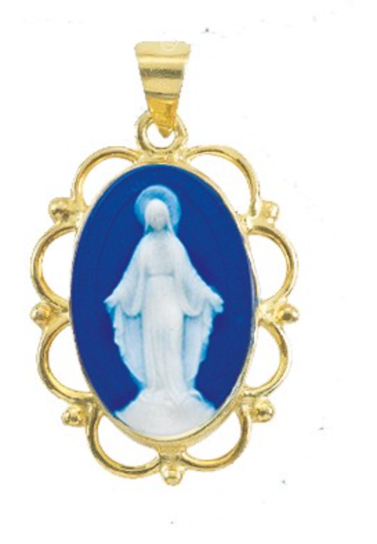 Dark Blue Gold Over Sterling  Cameo Miraculous Medal Capodimonte Porcelain Made In Italy