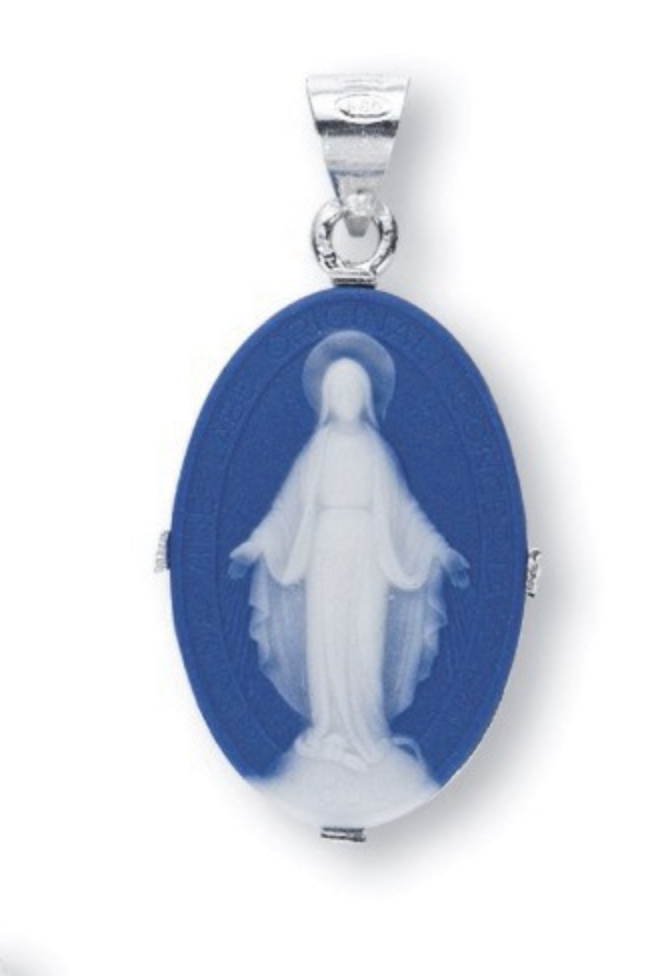 Dark Blue Sterling  Cameo Miraculous Medal Capodimonte Porcelain Made In Italy
