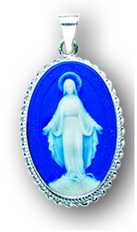 Rich Dark Blue Sterling  Cameo Miraculous Medal Capodimonte Porcelain Made In Italy
